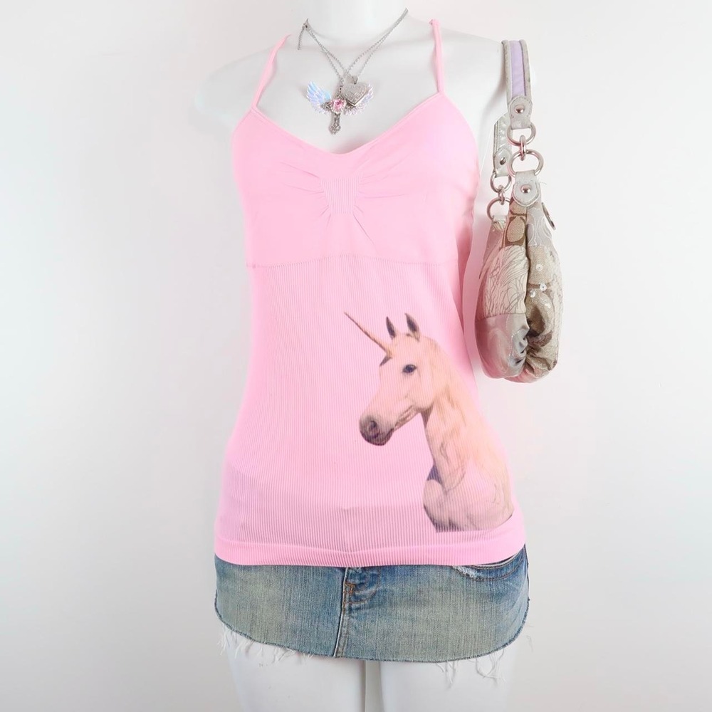 y2k pink unicorn cami | 2000s fairycore graphic tank | pink unicorn ribbed top
